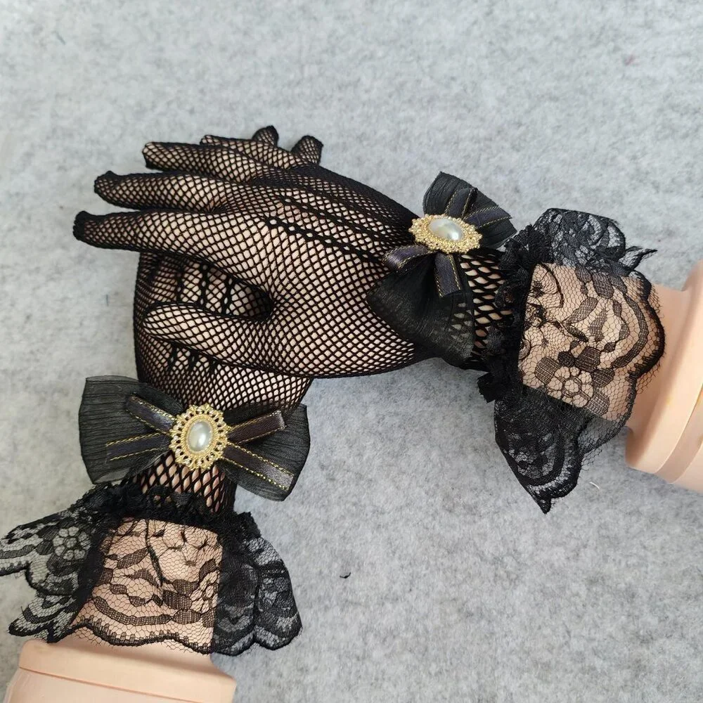 Women's Hand Sleeve Black Bow Lace Gloves Wedding Halloween Costume Party Prom